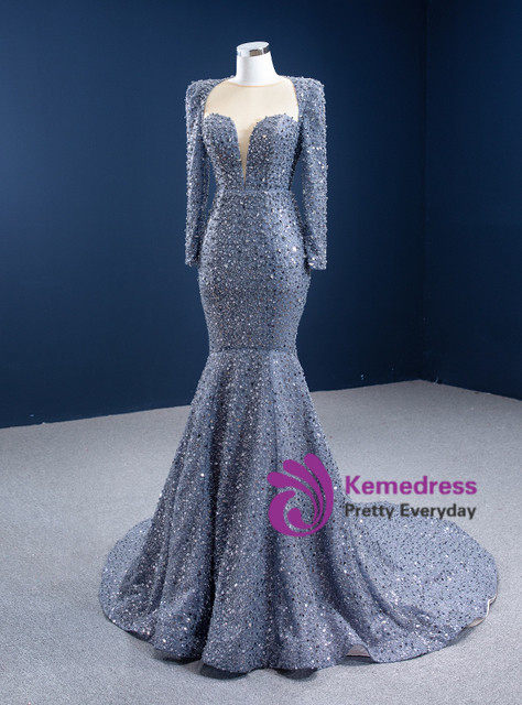 Sexy Mermaid Gray Sequins Pearls Long Sleeve Prom Dress