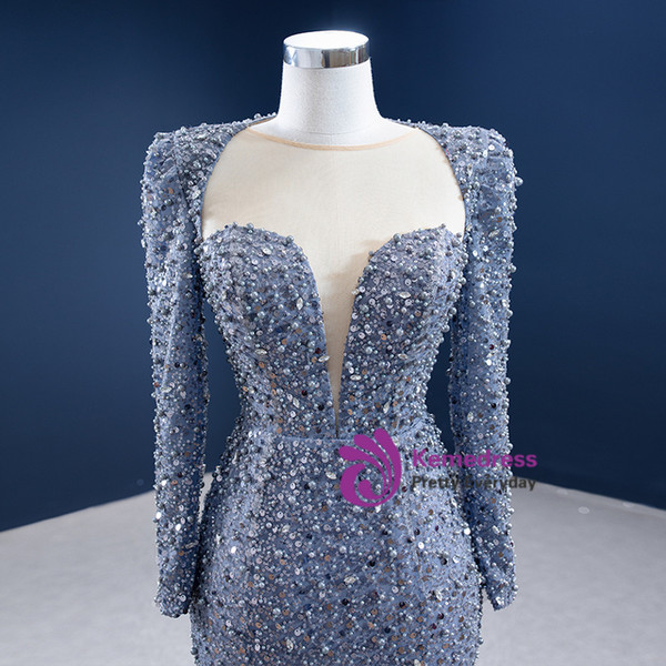 Sexy Mermaid Gray Sequins Pearls Long Sleeve Prom Dress