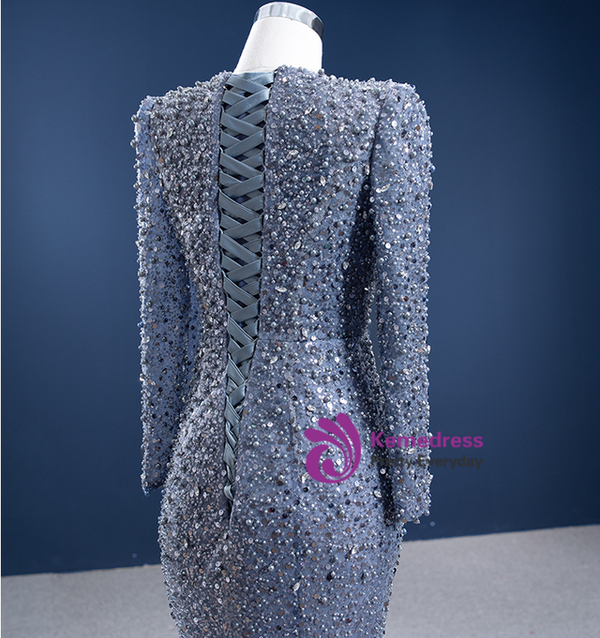 Sexy Mermaid Gray Sequins Pearls Long Sleeve Prom Dress