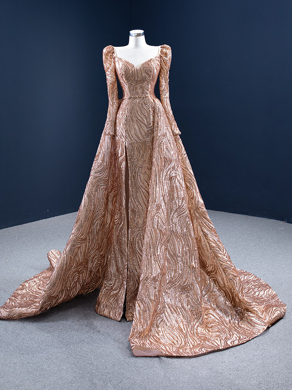 Gold Mermaid Sequins Square Long Sleeve Prom Dress