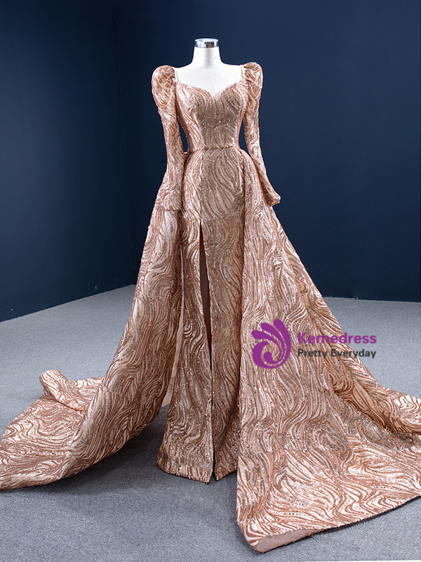 Gold Mermaid Sequins Square Long Sleeve Prom Dress