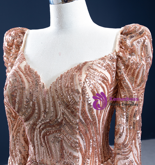 Gold Mermaid Sequins Square Long Sleeve Prom Dress