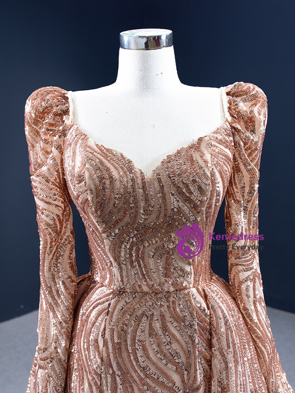 Gold Mermaid Sequins Square Long Sleeve Prom Dress