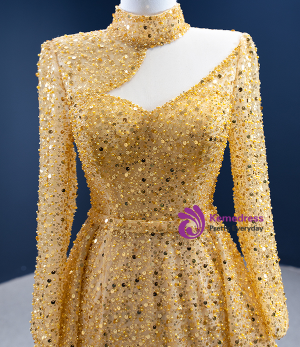 Gold Sequins Long Sleeve High Neck Prom Dress