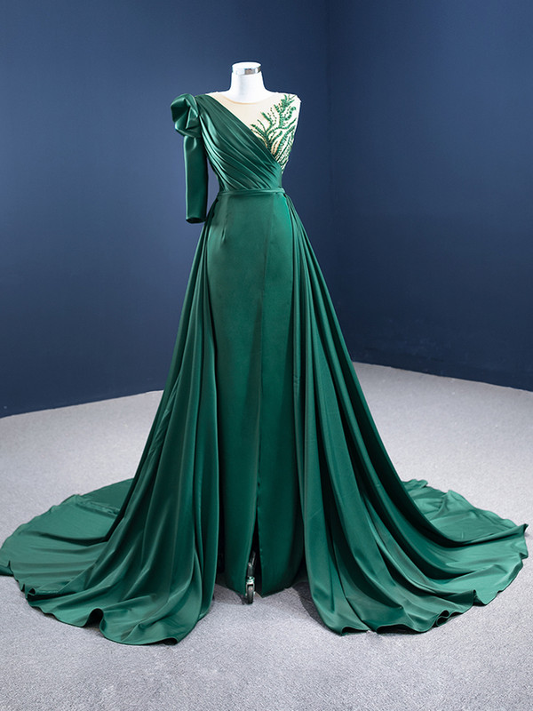Green Satin Pleats Beading One Shoulder Prom Dress