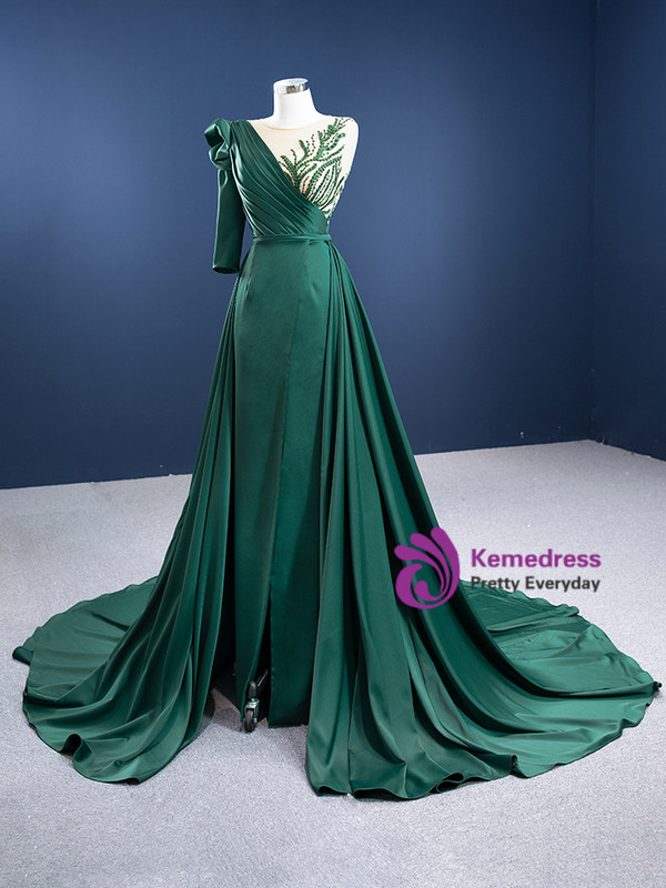 Green Satin Pleats Beading One Shoulder Prom Dress