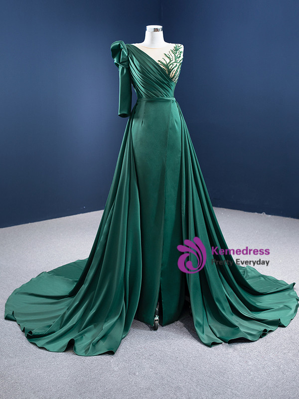 Green Satin Pleats Beading One Shoulder Prom Dress