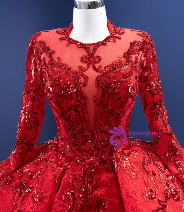 Red Lace Sequins Appliques Long Sleeve Prom Dress