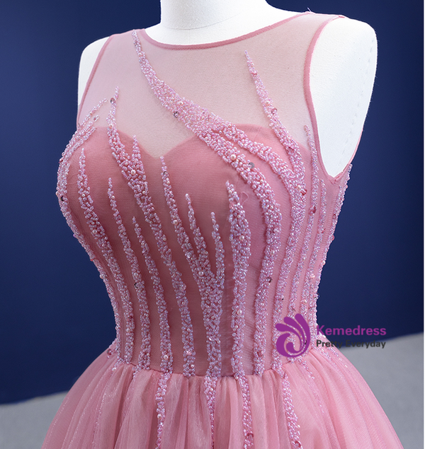 Pink Tulle Beading Sleeveless Prom Dress