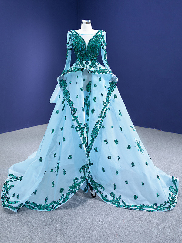 Blue Long Sleeve Sequins Appliques Prom Dress