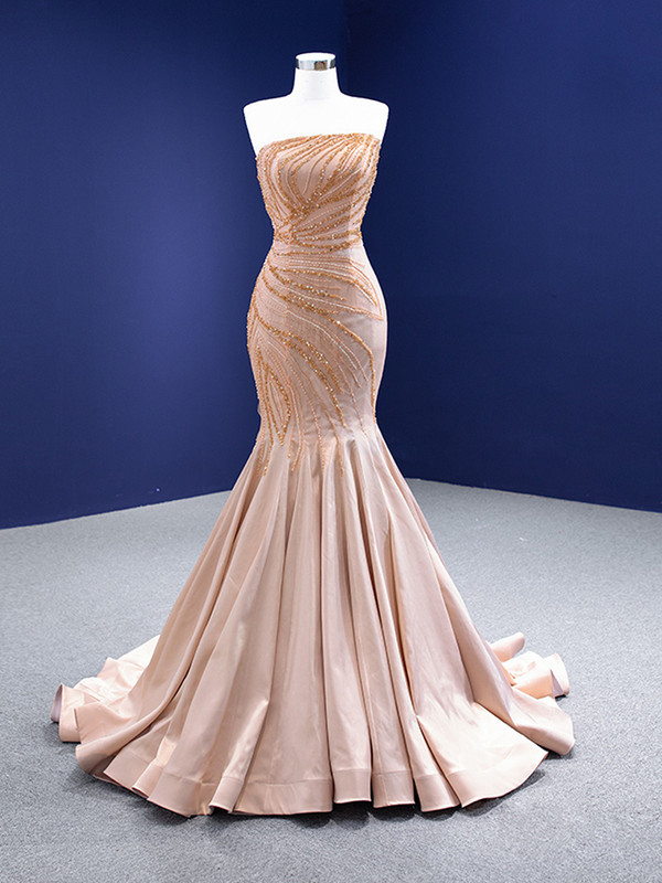 Champagne Satin Strapless Beading Prom Dress