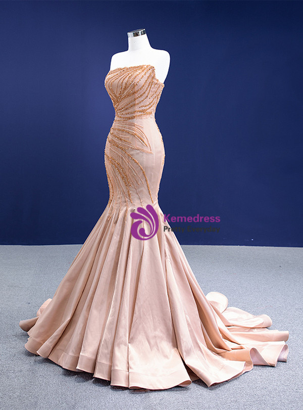 Champagne Satin Strapless Beading Prom Dress