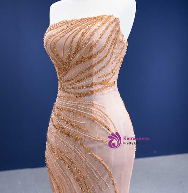 Champagne Satin Strapless Beading Prom Dress