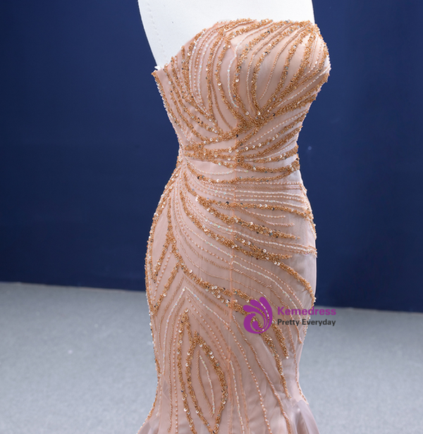 Champagne Satin Strapless Beading Prom Dress