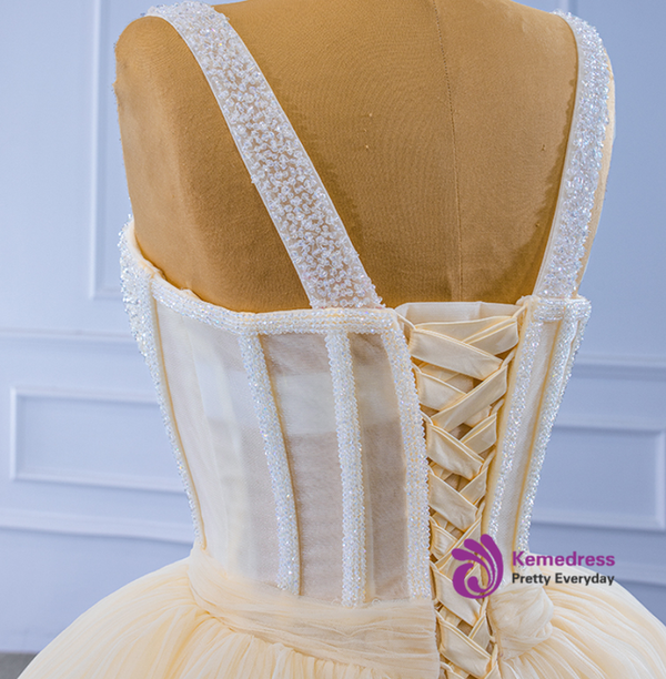 Yellow Tulle Pleats Straps Beading Tea Length Prom Dress