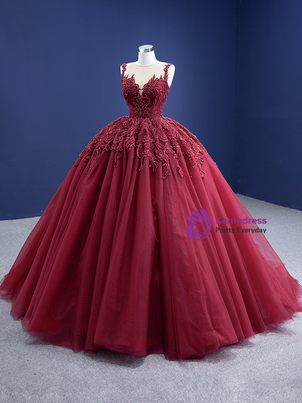 Burgundy Ball Gown Tulle Appliques Beading Prom Dress