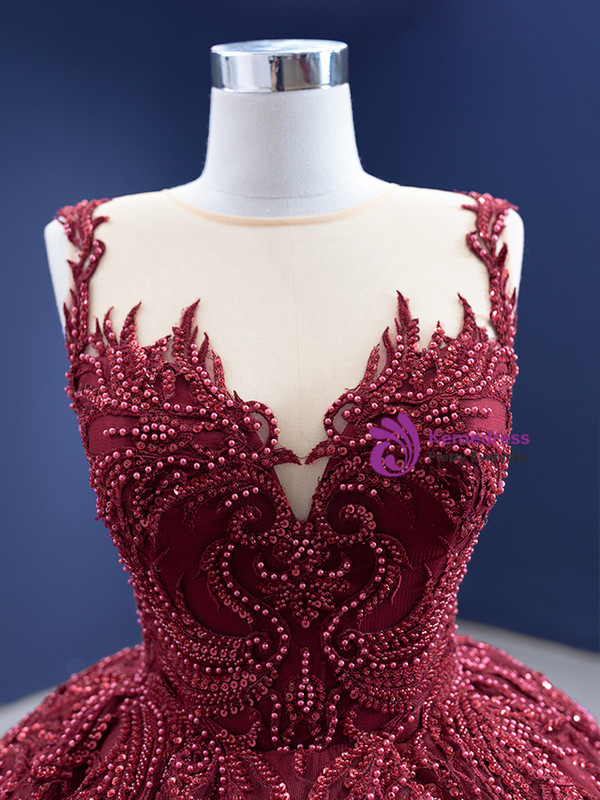 Burgundy Ball Gown Tulle Appliques Beading Prom Dress