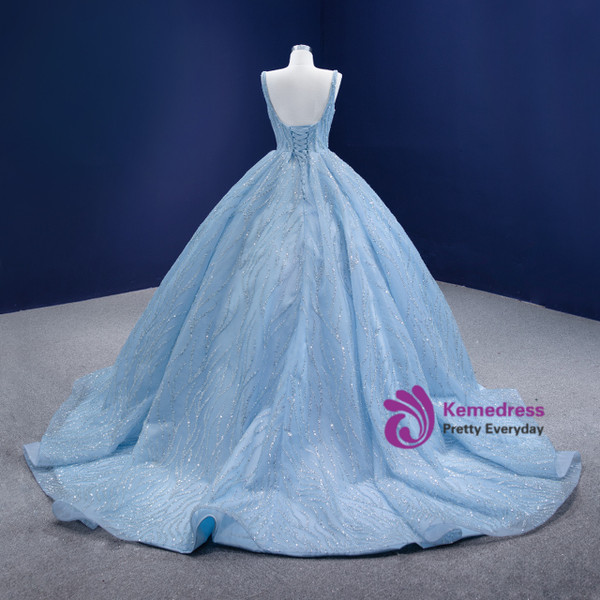 Blue Tulle Straps Beading Sequins Prom Dress