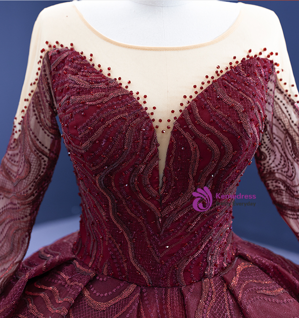Burgundy Ball Gown Long Sleeve Beading Prom Dress