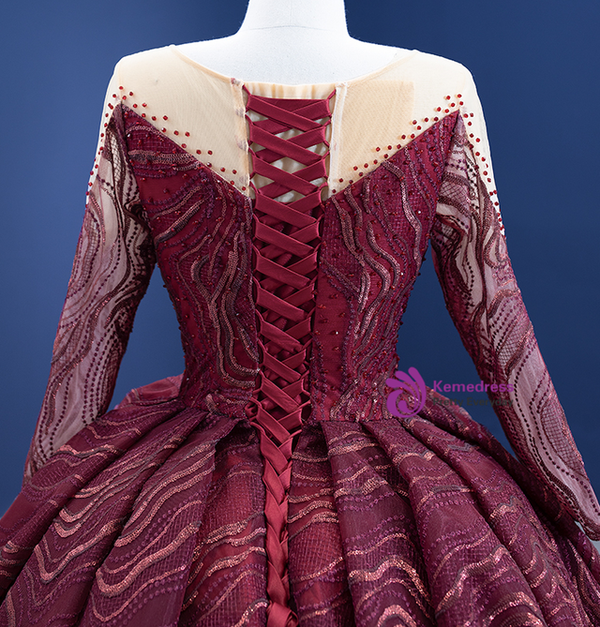 Burgundy Ball Gown Long Sleeve Beading Prom Dress