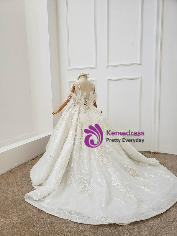 White Sequins Appliques Beading Spaghetti Straps Flower Girl Dress