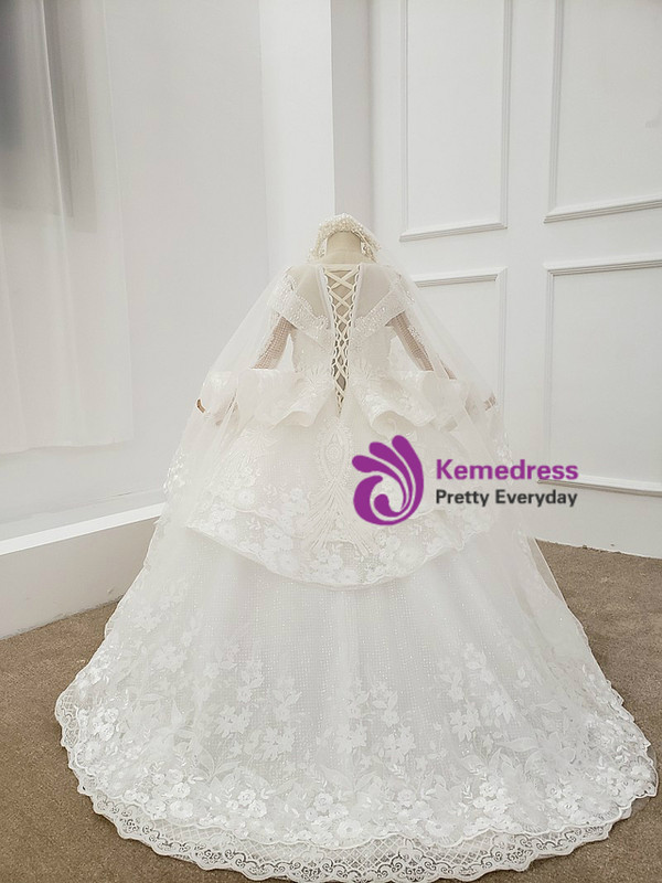 White Sequins Long Sleeve Appliques Beading Flower Girl Dress