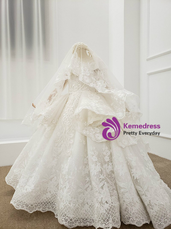 White Sequins Long Sleeve Appliques Beading Flower Girl Dress