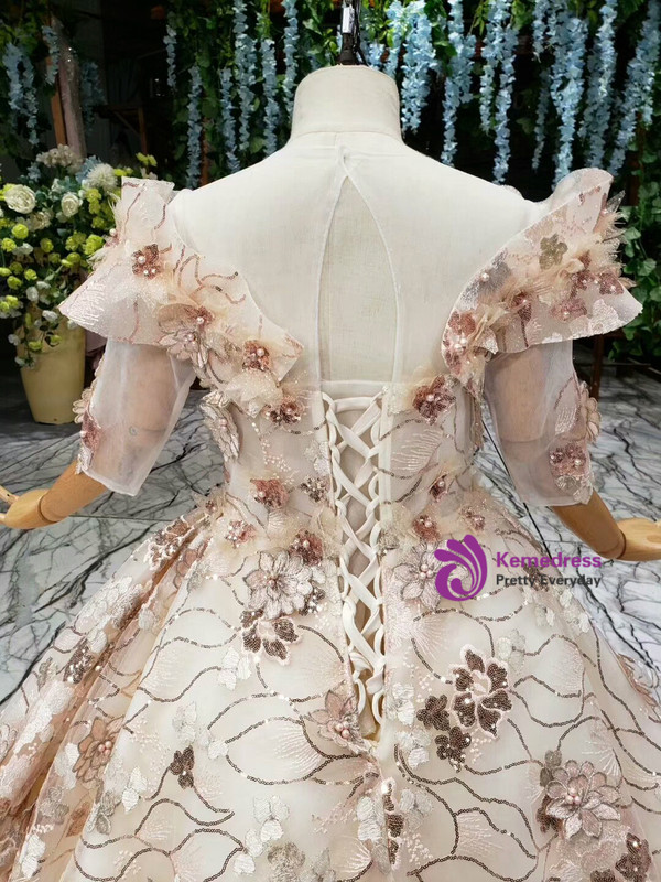 Champagne Tulle Sequins Embrodiery Appliques Flower Girl Dress