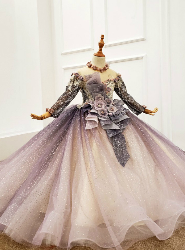 Purple Tulle Sequins Long Sleeve Backless Flower Girl Dress