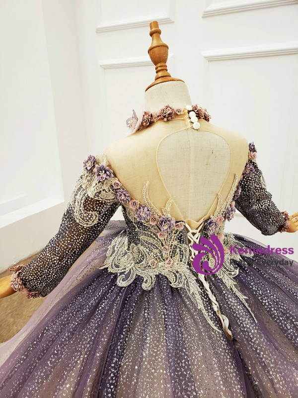 Purple Tulle Sequins Long Sleeve Backless Flower Girl Dress