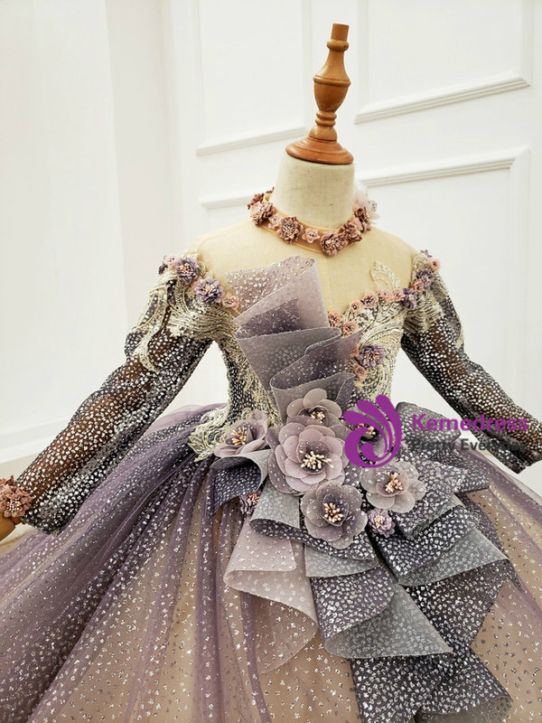 Purple Tulle Sequins Long Sleeve Backless Flower Girl Dress