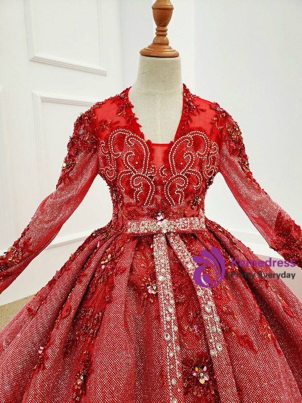 Red Sequins Long Sleeve Backless Beading Crystal Flower Girl Dress