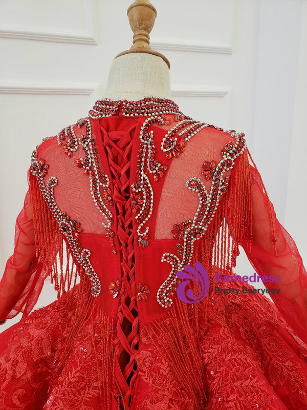 Red Ball Gown Appliques Beading Long Sleeve Flower Girl Dress