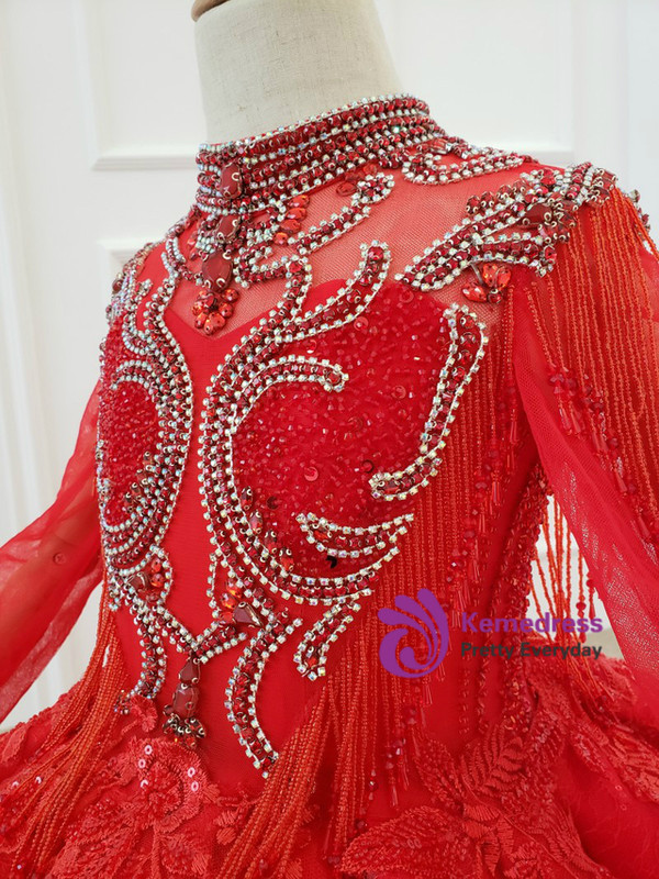 Red Ball Gown Appliques Beading Long Sleeve Flower Girl Dress