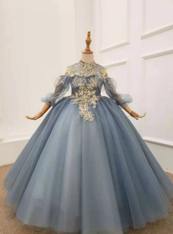 Blue Tulle High Neck Long Sleeve Appliques Flower Girl Dress