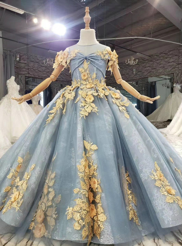 Blue Tulle Lace Gold Appliques Pearls Flower Girl Dress