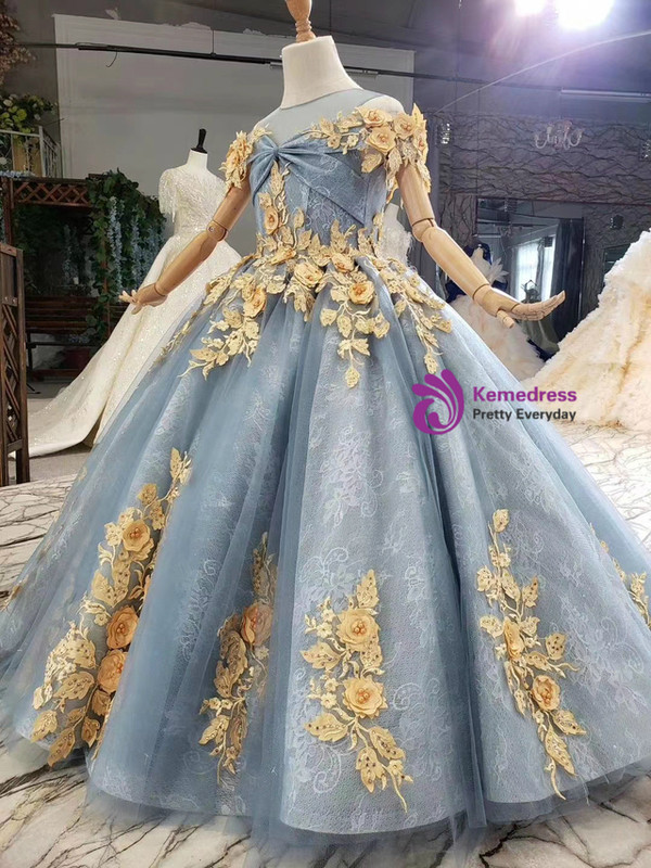 Blue Tulle Lace Gold Appliques Pearls Flower Girl Dress