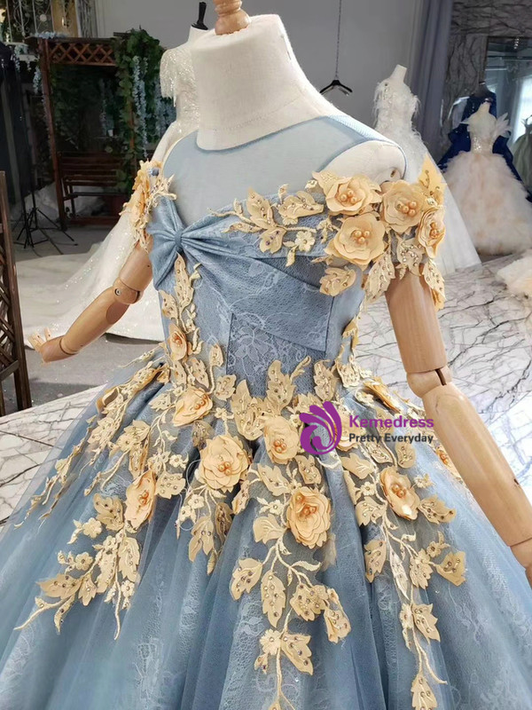 Blue Tulle Lace Gold Appliques Pearls Flower Girl Dress