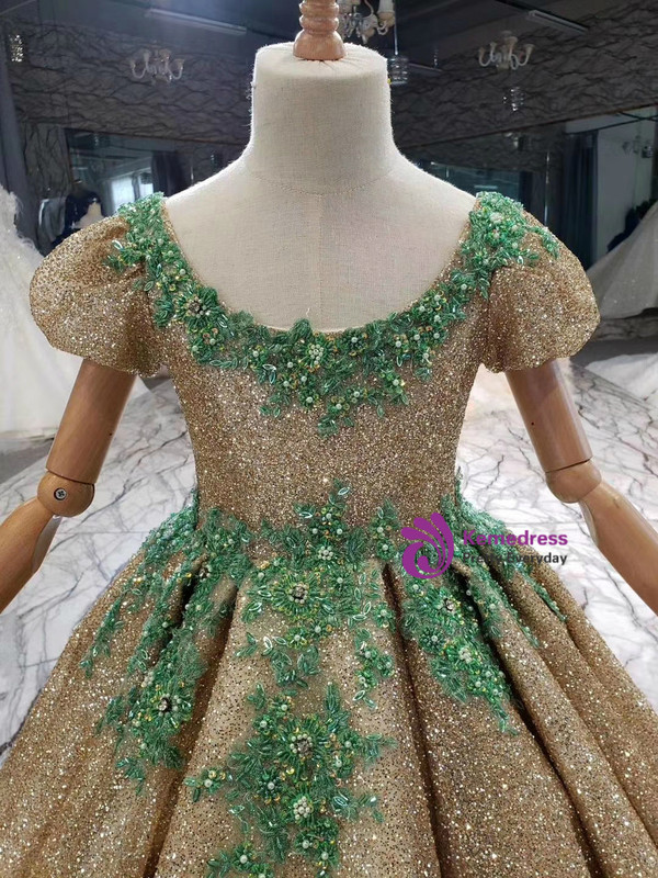 Gold Sequins Puff Sleeve Green Beading Flower Girl Dress