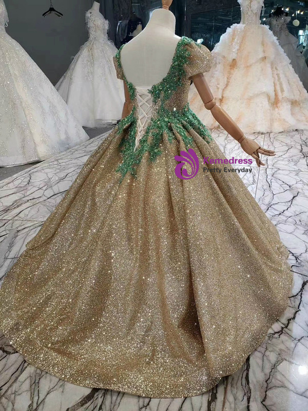 Gold Sequins Puff Sleeve Green Beading Flower Girl Dress