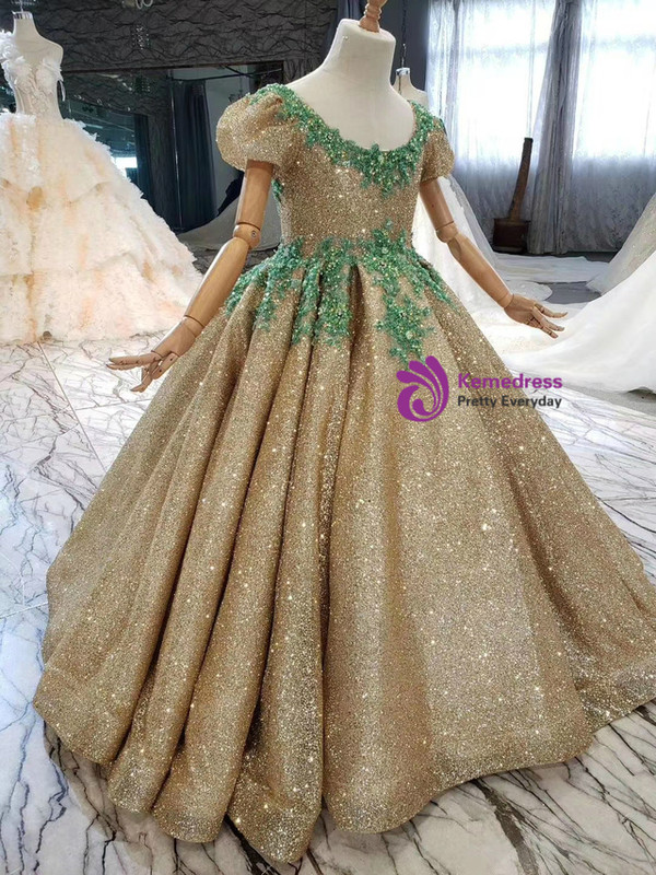 Gold Sequins Puff Sleeve Green Beading Flower Girl Dress
