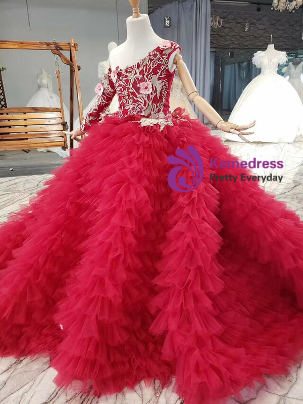 Burgundy Tulle One Shoulder Appliques Tiers Flower Girl Dress