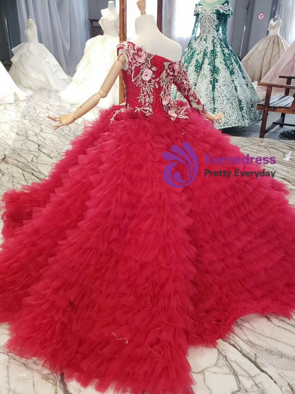 Burgundy Tulle One Shoulder Appliques Tiers Flower Girl Dress