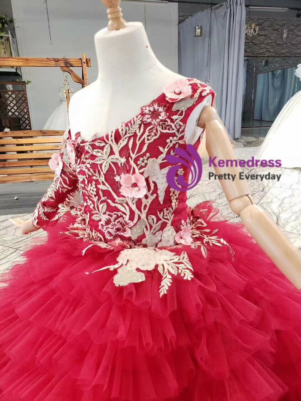 Burgundy Tulle One Shoulder Appliques Tiers Flower Girl Dress