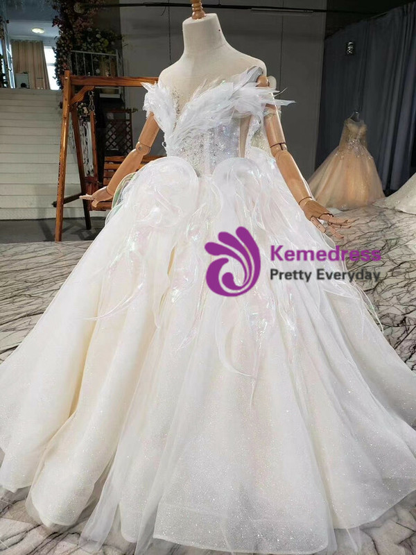 White Tulle Sequins Beading Pearls Flower Girl Dress