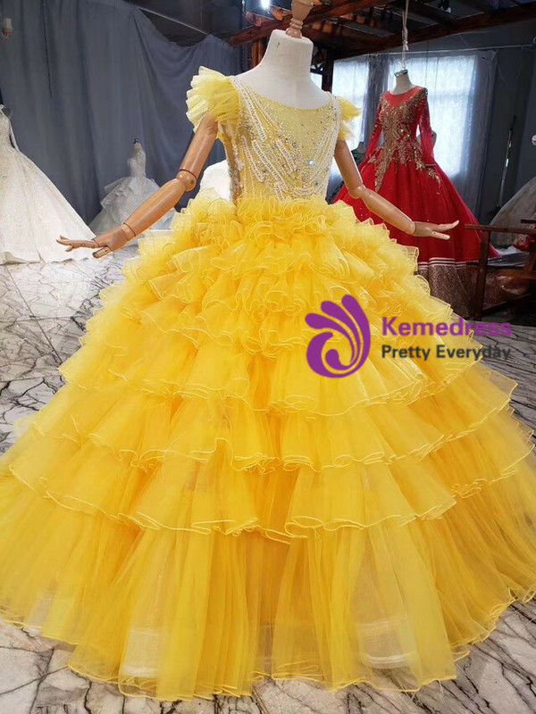 Yellow Tulle Tiers Beading Crystal Flower Girl Dress