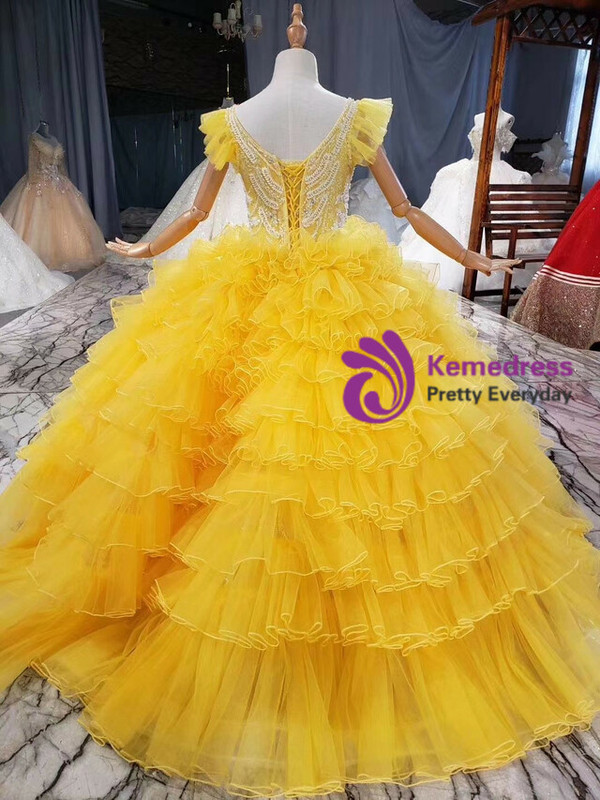 Yellow Tulle Tiers Beading Crystal Flower Girl Dress