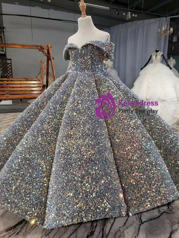 Gray Sequins Scoop Backless Flower Girl Dress