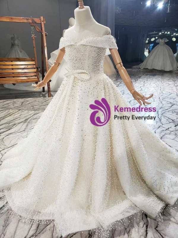 Champagne Tulle Scoop Pearls Flower Girls Dress