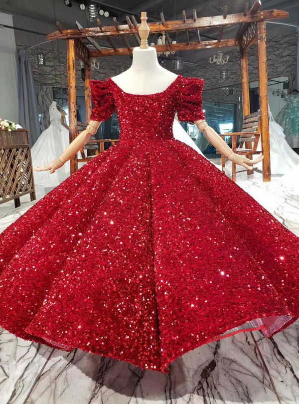 Ball Gown Sequins Puff Square Sleeve Flower Girl Dress